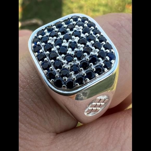 Mens Real Solid 925 Sterling Silver Iced Blue Sapphire Stone Ring Hip Hop 7-13 - Picture 1 of 9
